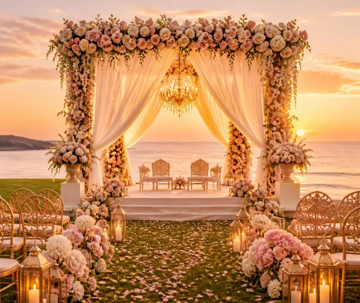 A warm, floral outdoor ceremony setting at sunset by the sea